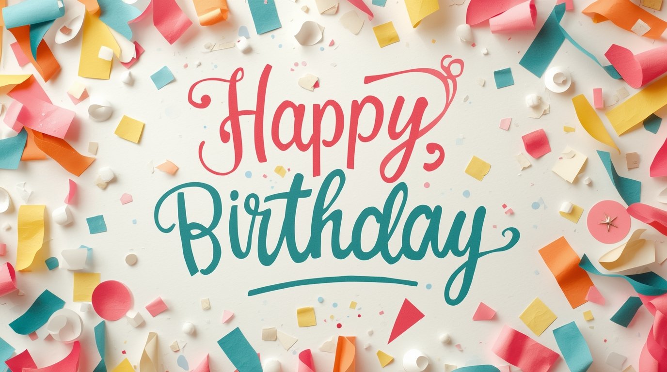 Happy birthday card with hand-lettered typography and confetti design